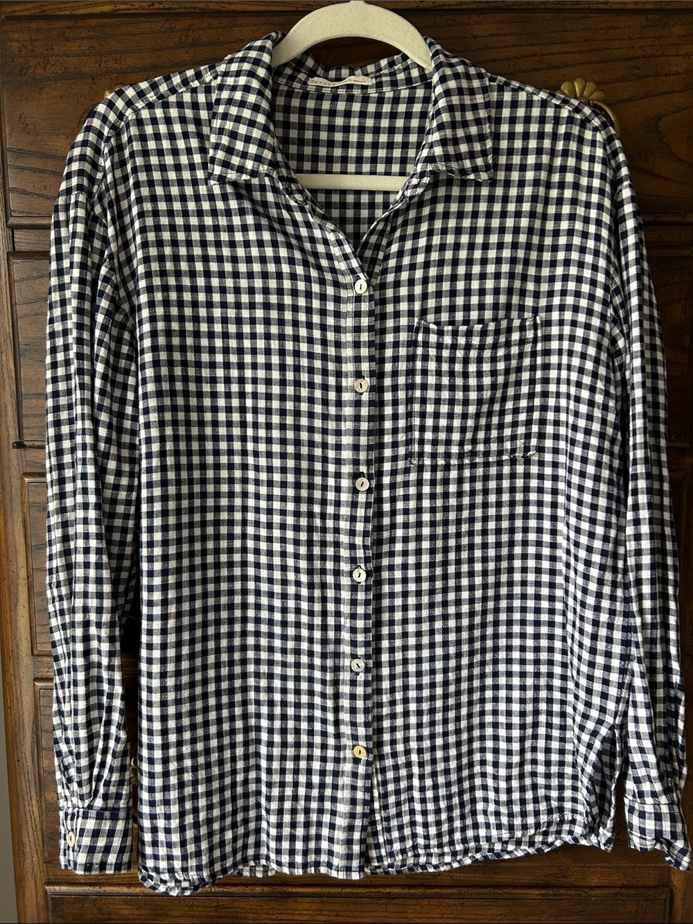 Navy and White Gingham Button-Front Blouse, Size M
